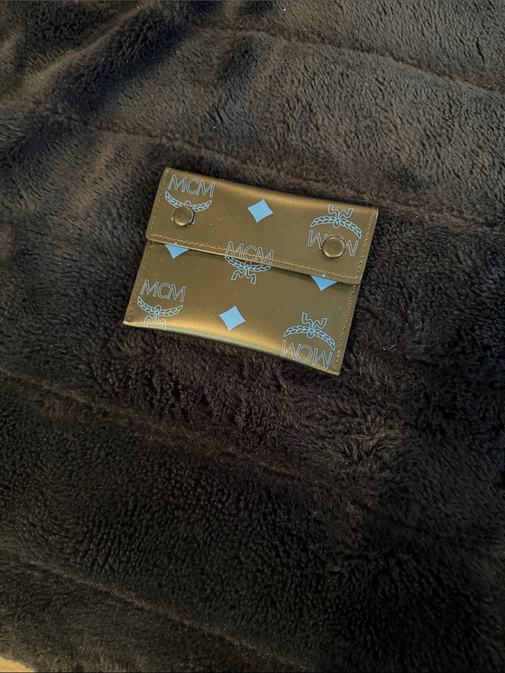 MCM Black Wallet with Light Blue Logo Print